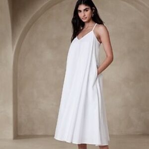 BANANA REPUBLIC Dana Poplin Midi Dress, Crisp White Cotton, Size Large
